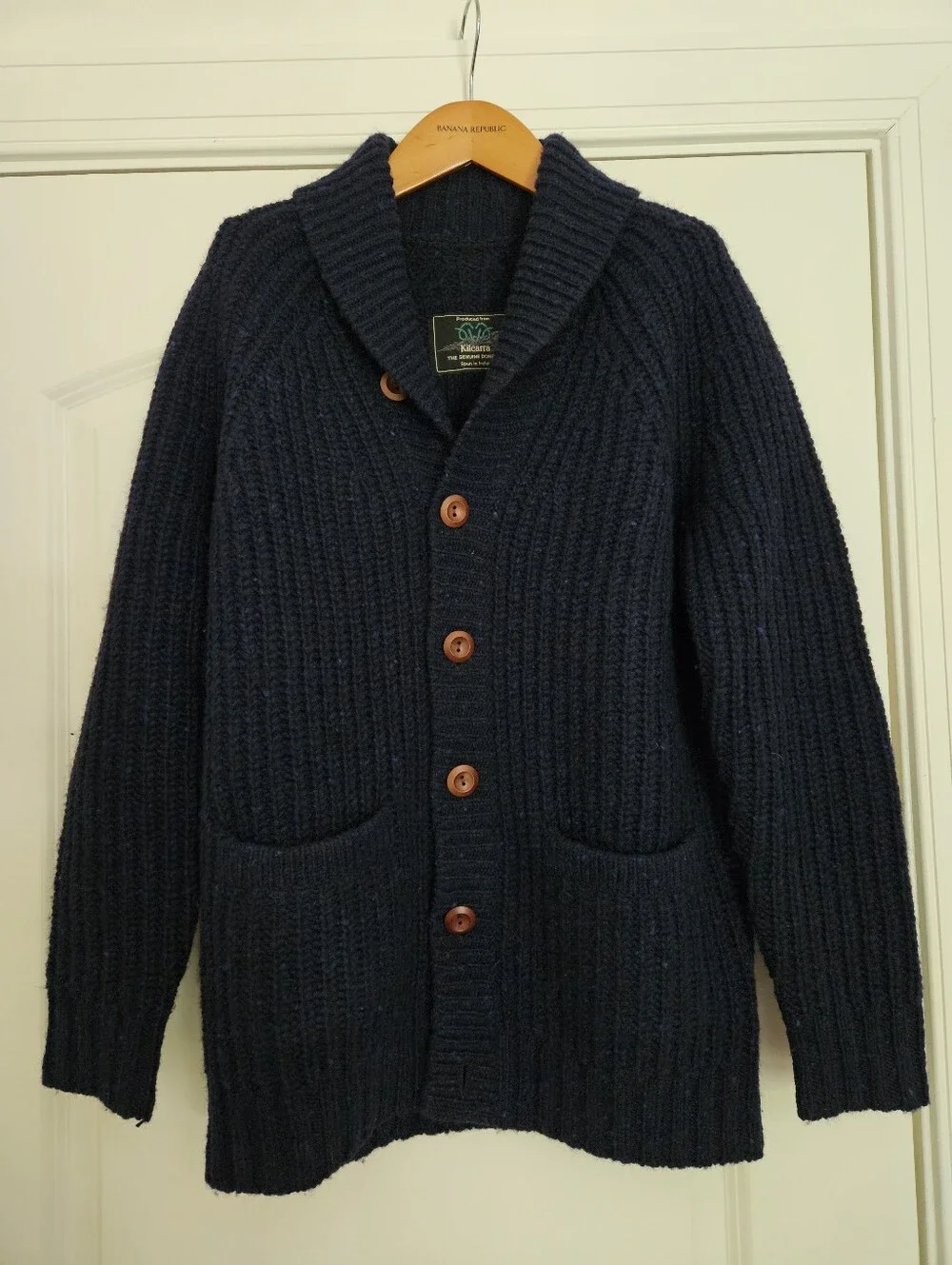 Navy Donegal Wool Shawl Collar Cardigan